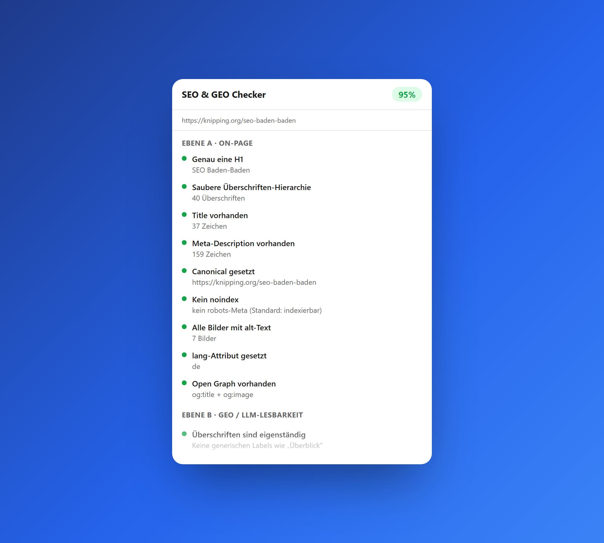 Popup des SEO & GEO Checkers mit grünem Ampel-Score und den Einzelprüfungen für On-Page, GEO und Schema.