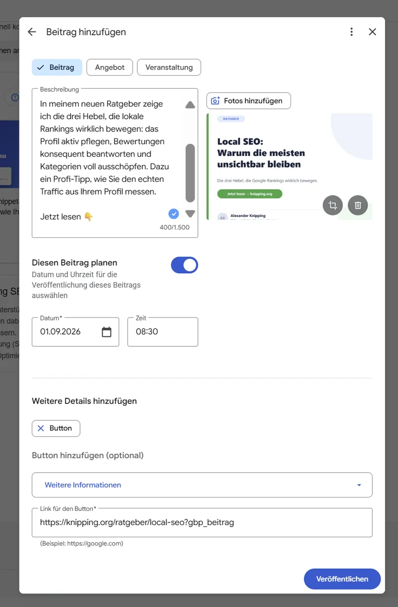Google-Unternehmensprofil: ein Local-SEO-Beitrag mit Bild, geplant für einen späteren Termin.